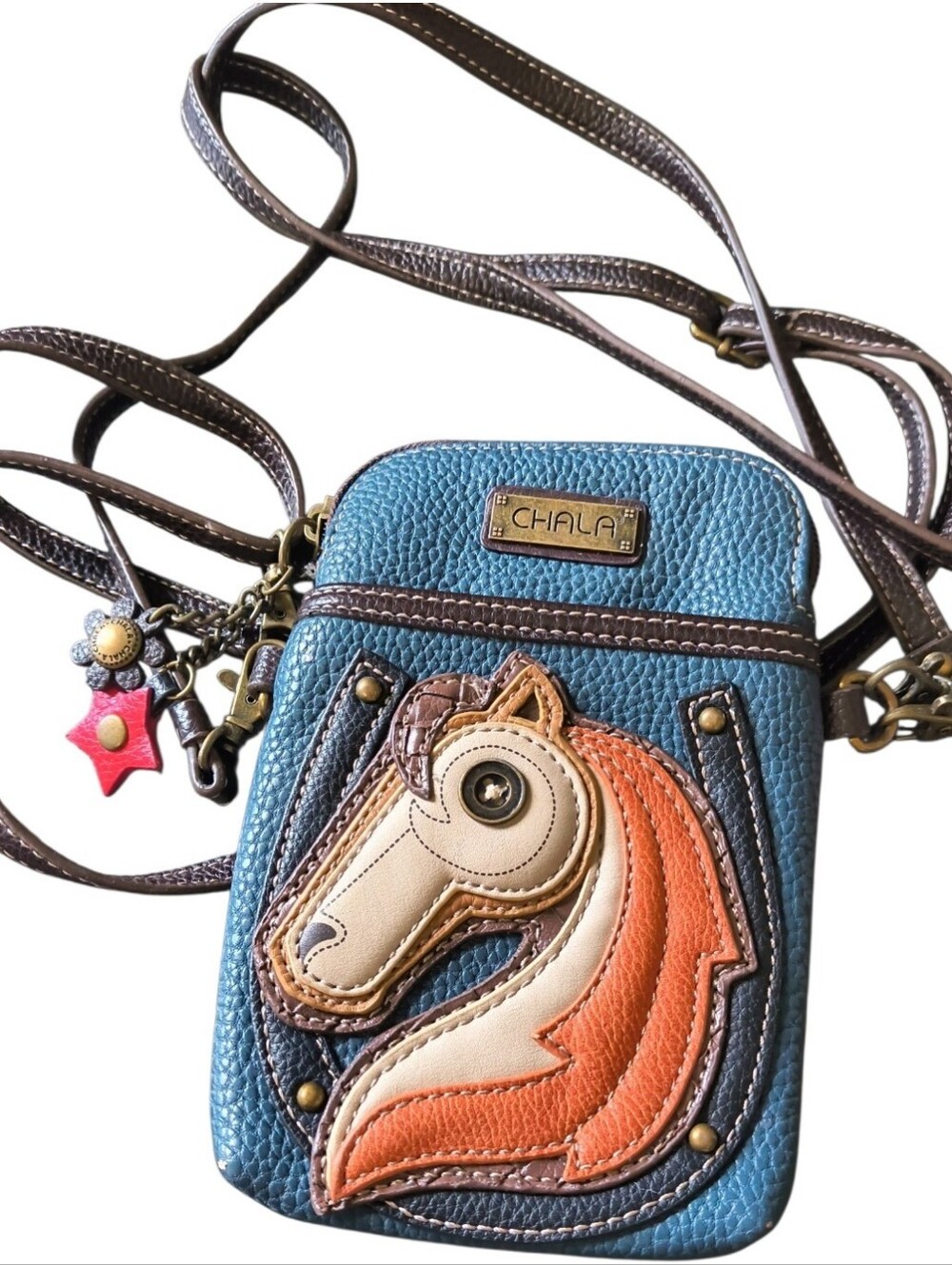 Chala Teal Crossbody Phone Bag with Multicolor Horse Applique Vegan Travel
